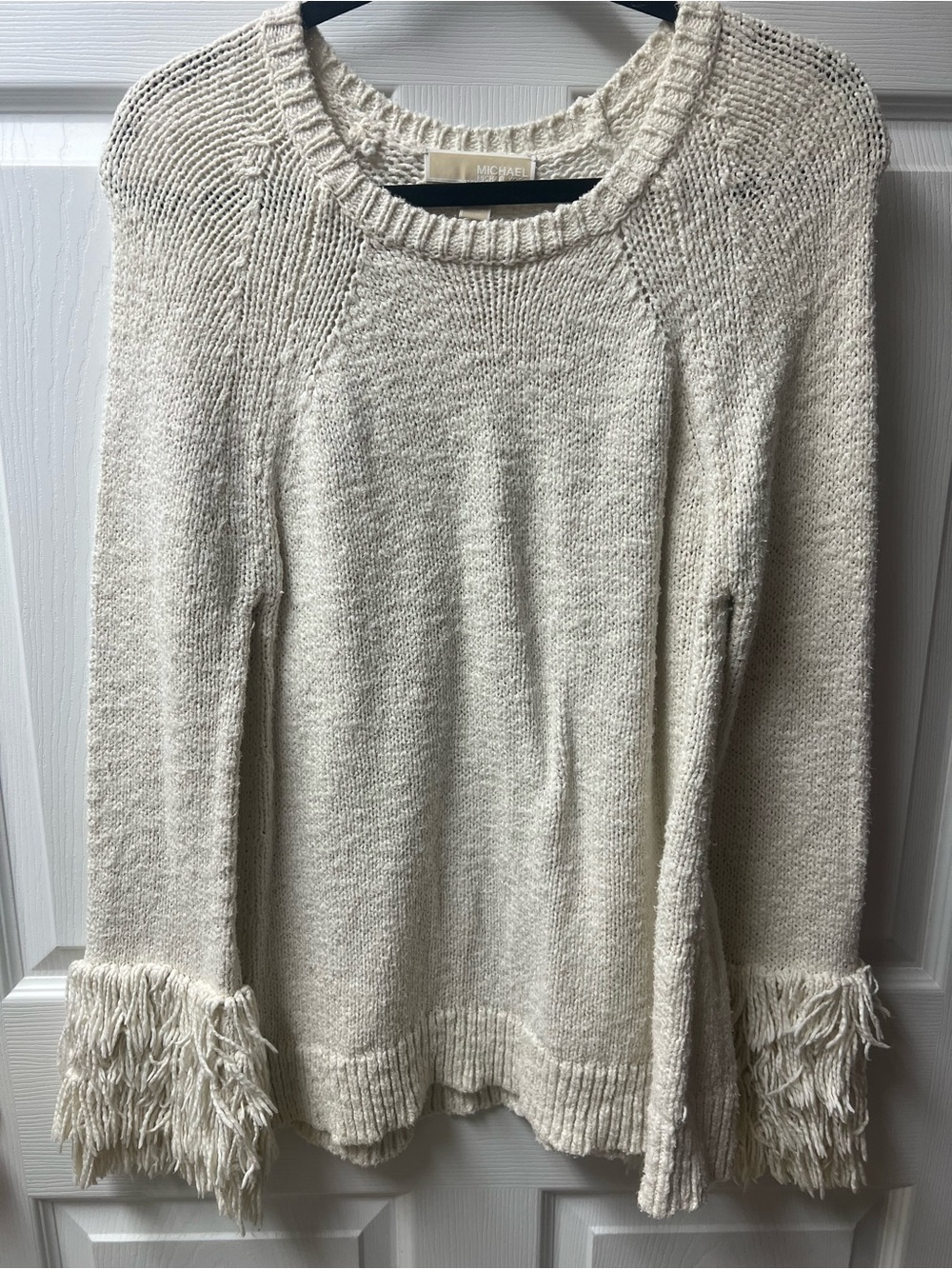 Michael Kors Ivory Crewneck Sweater with Fringe Cuffs